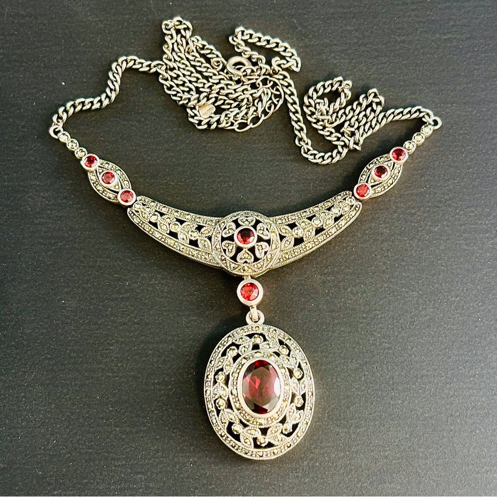 Vintage-Inspired Silver Garnet and Marcasite Necklace